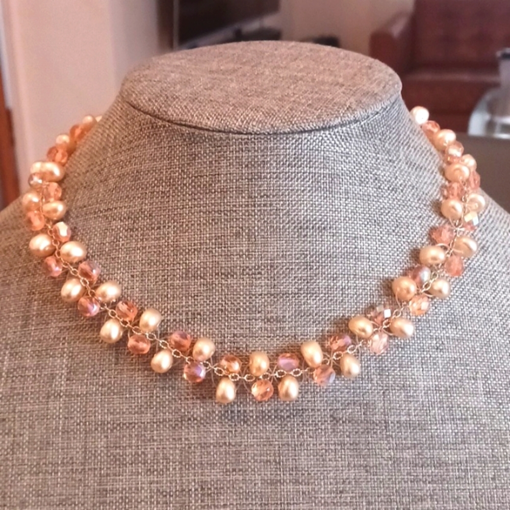 Faux Rose Pearl and Acrylic Crystal Necklace and Earrings Set - Pre-loved